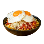 With 2 fried eggs, homemade red sauce and grated graviera or grated parmesan.