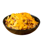 With cheddar sauce and smoked bacon.